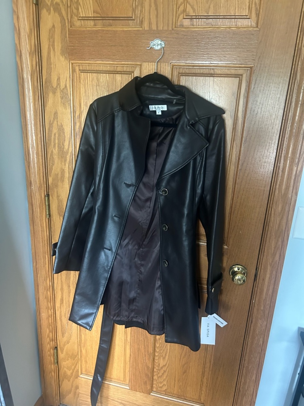 Via Spiga Black Leather Button-Front Trench Coat